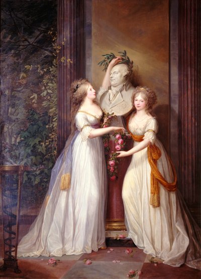 フリードリヒ・ウィルヘルム2世の胸像に立つルイスとフリーデリケ 作： Friedrich Georg Weitsch