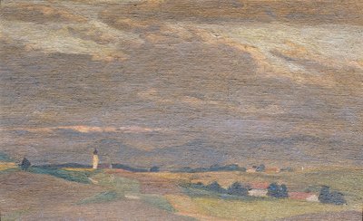 教会の塔のある夕景 作： Friedrich Hasslwander