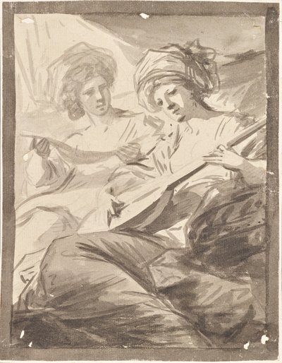 マンドリンを持つ 2 人の女性 (姉妹ヴィクトワールとソフィー フォン フリースの二重肖像画の習作?) 作： Friedrich Heinrich Fuger