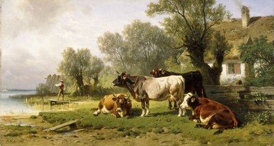1881年の向こうにある漁師と一緒に川沿いの農場の牛 作： Friedrich Johann Voltz