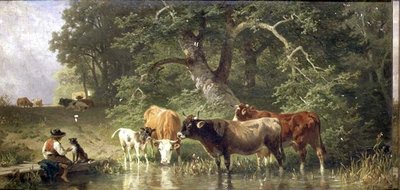 森の池で水を飲む牛たち 作： Friedrich Johann Voltz