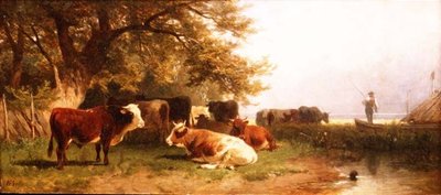 風景の中で水をやる牛たち 作： Friedrich Johann Voltz