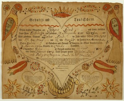 出生および洗礼証明書、c。 1790-1800（oxgallインク、水彩、および敷き紙への彫刻） 作： Friedrich Krebs