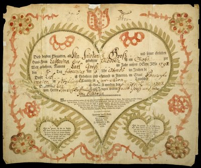 出生・洗礼証明書 1800年頃（オックスガル・インク、水彩、彫刻、敷紙 作： Friedrich Krebs