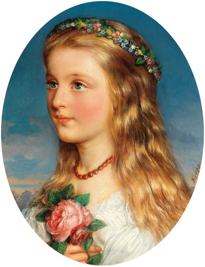 フリードリヒ・クレップ 花輪とバラの少女の肖像 作： Friedrich Krepp
