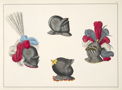 ヘルメット、「騎士道の発展と習慣の歴史」のプレート、フランツ・コッテンカンプ博士、カールホフマン発行、1842年 作： Friedrich Martin von Reibisch