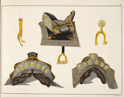 サドルとスパー、「騎士道の発展と習慣の歴史」のプレート、フランツコッテンカンプ博士、カールホフマン発行、1842年 作： Friedrich Martin von Reibisch