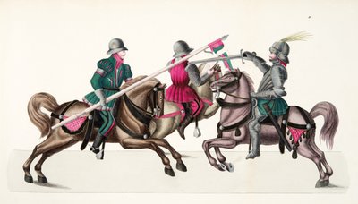 トーナメントでの3人の騎士、フランツコッテンカンプ博士による「騎士道の発展と習慣の歴史」のプレート、カールホフマン発行、1842年 作： Friedrich Martin von Reibisch