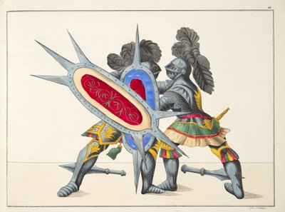 戦う2人の騎士、フランツコッテンカンプ博士による「騎士道の発展と習慣の歴史」のプレート、カールホフマン発行、1842年 作： Friedrich Martin von Reibisch