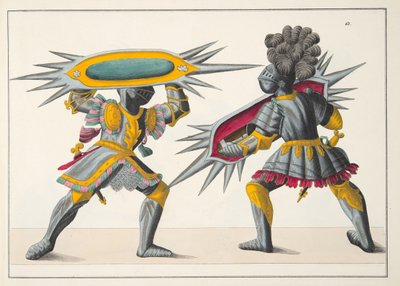 戦う2人の騎士、フランツコッテンカンプ博士による「騎士道の発展と習慣の歴史」のプレート、カールホフマン発行、1842年 作： Friedrich Martin von Reibisch