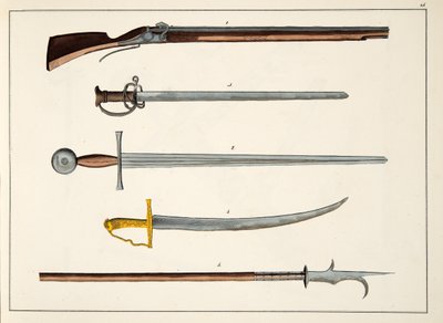 剣と槍を含む武器、1400年頃、「騎士道の発展と税関の歴史」のプレート、フランツコッテンカンプ博士、カールホフマン発行、1842年 作： Friedrich Martin von Reibisch