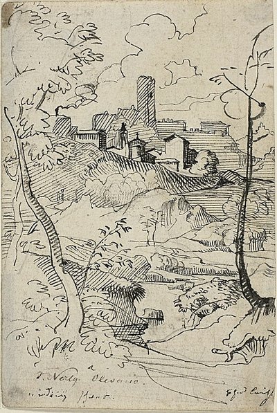 川のあるイタリアの町（レクト）；町の眺め（裏面） 作： Friedrich Nerly