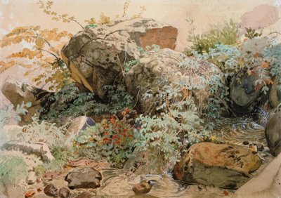 渓流沿いの低木が生い茂る岩山 作： Friedrich Nerly