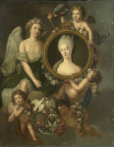 1767 年 10 月 4 日にベルリンでウィリアム 5 世と結婚したことをほのめかしたメダリオンに飾られたプロイセンのヴィルヘルミナの肖像 (フレデリカ ソフィア ヴィルヘルミナ) 作： Friedrich Reclam