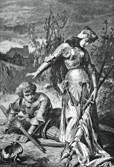 ジャンヌ ダルクとライオネルの決闘、オルレアンの乙女のイラスト、フリードリッヒ シラー (1759-1805) による悲劇、彫刻 作： Friedrich Schiller