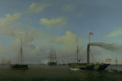 Warnemünde rhed に停泊中のデンマーク戦隊。 皇太子殿下と皇太子妃殿下が蒸気船「キール」で飛行隊に到着し、軍艦「クリスチャン8世」が敬礼を開始 作： Friedrich Theodore Kloss