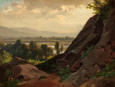 前景に岩が露出した山の風景 作： Friedrich Voltz