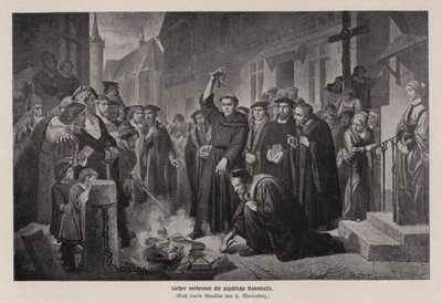 ドイツのヴィッテンベルクでローマ法王の雄牛を焼くマルティン・ルター 作： Friedrich Wilhelm Heinrich Martersteig
