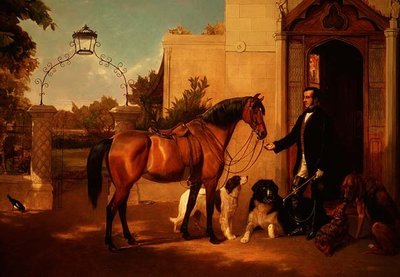 家の外でハンターと犬を連れているジェントルマン 作： Friedrich Wilhelm Keyl