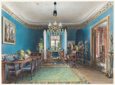 素描、青い部屋、フィッシュバッハ城、1846年 作： フリードリヒ・ヴィルヘルム・クローゼ