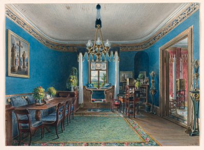 素描、青い部屋、フィッシュバッハ城、1846年 作： フリードリヒ・ヴィルヘルム・クローゼ