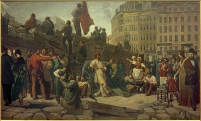 1848年2月の革命、パリのバリケード-宝石。マルターシュタイク 作： Friedrich Wilhelm Martersteig