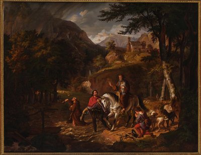 ハプスブルク家の伝説：ルドルフ伯爵、激流で司祭を助ける 作： Friedrich Wilhelm Müller