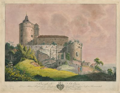 Bergfeste Stolpen、1800年頃（色付きの彫刻） 作： Friedrich or Johann Friedrich Wizani
