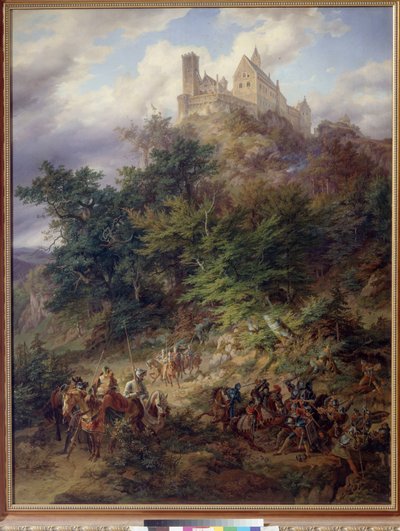 プレラー、フリードリヒ、エルダー（1804-1878）による騎士のいる風景（ヴァルトブルク）。 キャンバスに油彩 作： Friedrich the Elder Preller