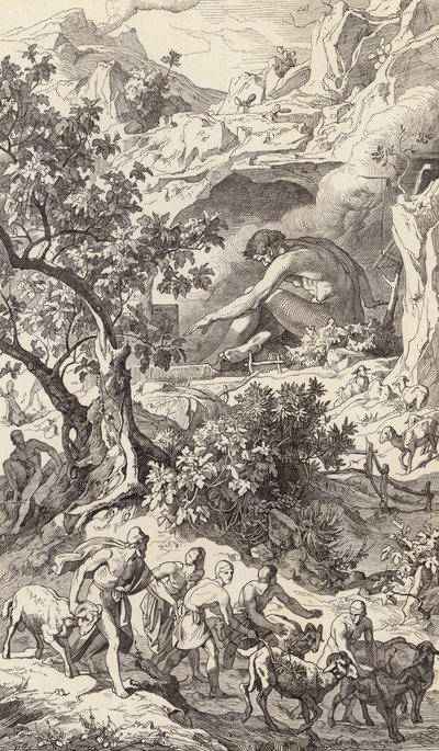 ポリュペモスの洞窟を通過するオデュッセウス（版画） 作： Friedrich the Elder Preller