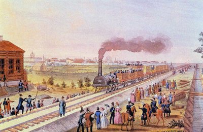 1837 年 10 月 30 日、サンクトペテルブルクからツァールスコエ セローへの始発列車の到着 作： Friedrich von Martens