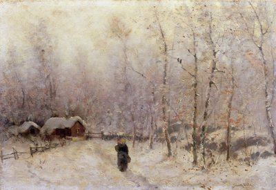 冬の風景の中で子供を持つ女性（キャンバスに油彩） 作： Frithjof Smith Hald