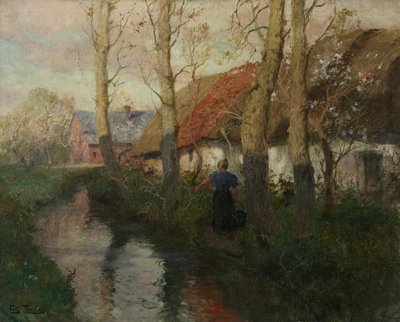 ノルマンディーの川と水を運ぶ女性 作： Frits Thaulow