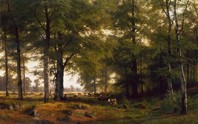 牛飼いのいる樹木が茂った風景 作： Fritz Carl Werner Ebel