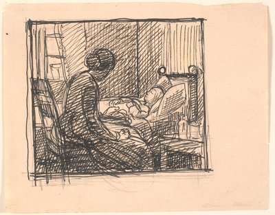 小さなお子さんと一緒に座っているお母さんがいました。 作： Fritz Syberg