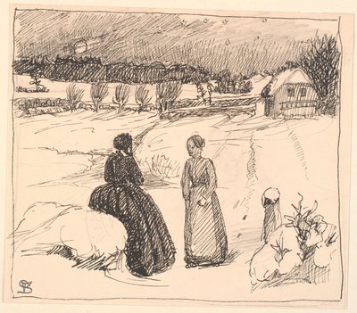 雪の中に黒いロングドレスを着た女性が座っていた... 作： Fritz Syberg