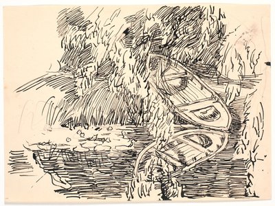 2 隻の手漕ぎボートがある森の湖 作： Fritz Syberg
