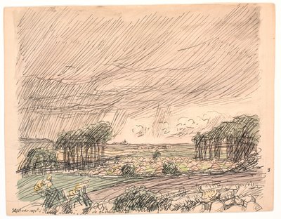 干し草は緑の牧草地で積み上げられた 作： Fritz Syberg