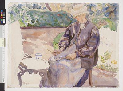 鍛冶屋の庭にいる芸術家の妻、画家のアンナ・シバーグ 作： Fritz Syberg