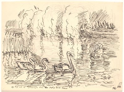 肥厚したところから 3 羽の美しい白い白鳥が現れました 作： Fritz Syberg