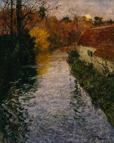 秋のコテージのある川の風景（キャンバスに油彩） 作： Fritz Thaulow