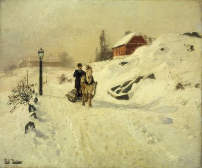 冬の風景の中の馬が引くそり 作： Frits Thaulow