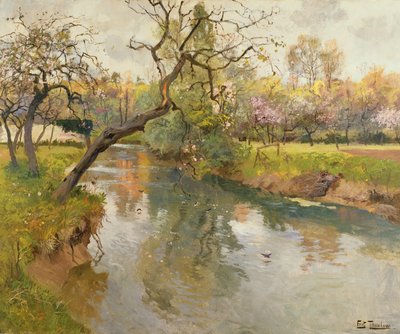 開花木があるフランスの川の風景 作： Frits Thaulow
