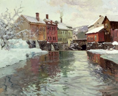 川沿いの雪に覆われた建物 作： Frits Thaulow