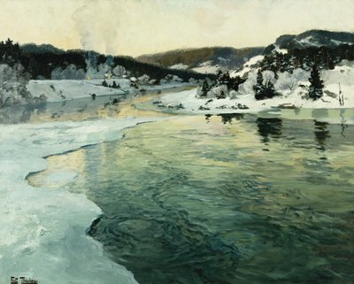 リレハンメル近くのメスナ川の冬、c。 1905-06 作： Frits Thaulow