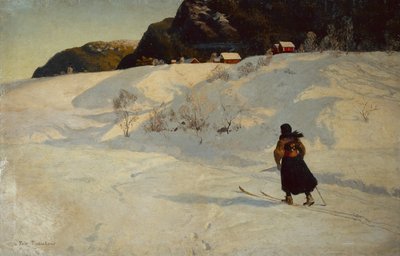 スキーヤーとの冬景色 作： Fritz Thaulow