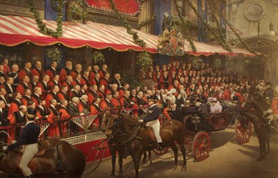 1908年7月9日、カウンシルハウスでエドワード7世がエドワード・B・ジェームズ市会議員に爵位の名誉を授与 作： Fritz von Kamptz