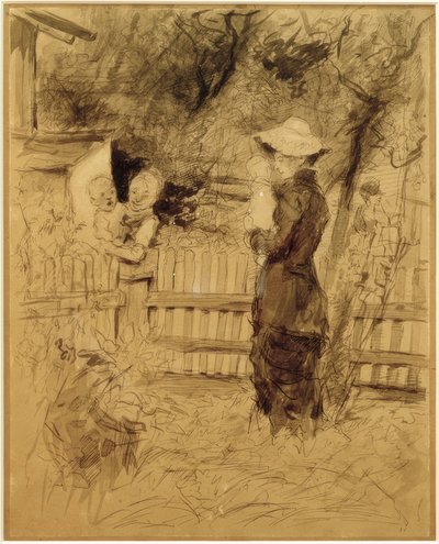 庭で腕を組んで子供を持つ女性 作： Fritz von Uhde