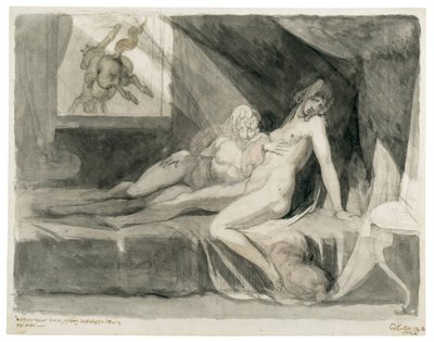 アルプは、1810 年に眠っている 2 人の女性の寝室を離れます。 作： Füssli