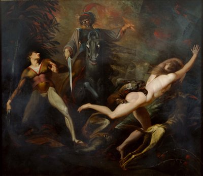 セオドアは森の中で祖先グイド・カヴァルカンティの亡霊と出会う。 1783年 作： Füssli